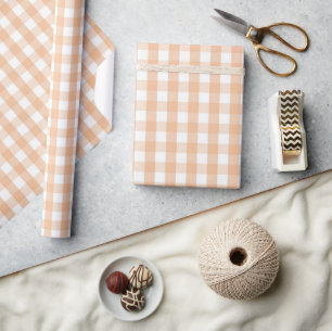 Chic Baby Shower Pastel Peach Gingham & Plaid Wrapping Paper