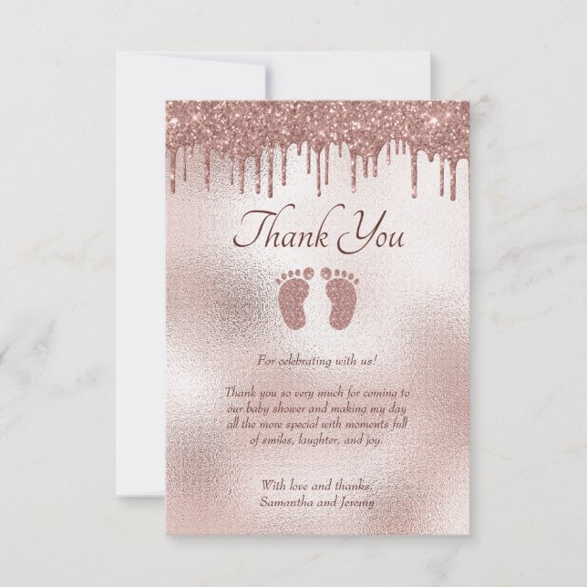 Chic Baby Shower Pink Glitter Drip Thank You Card (Front)