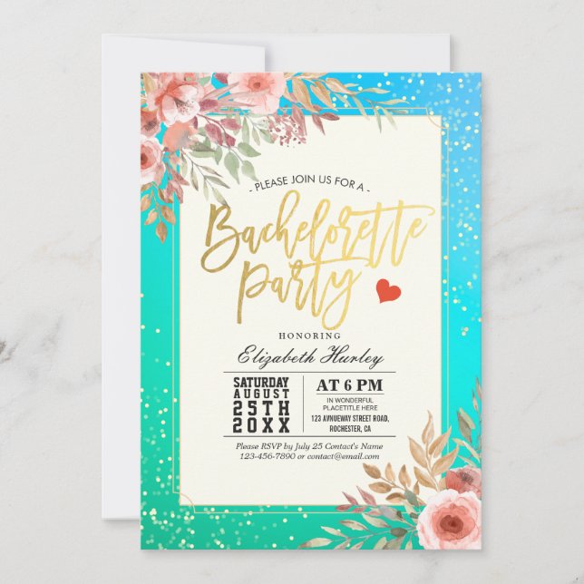 Chic Bachelorette Party Pink Floral Teal Gold Dots Invitation (Front)