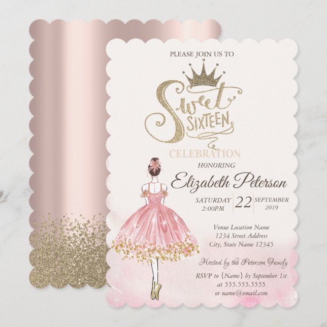 Chic Ballerina,Tiara, Diamonds Rose Gold Sweet 16  Invitation (Front/Back)