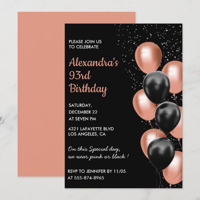 Chic Balloon 93rd birthday invitation  (Front/Back)