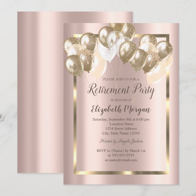 Chic Balloons,Frame,Rose Gold,Retirement  Invitation (Front/Back)