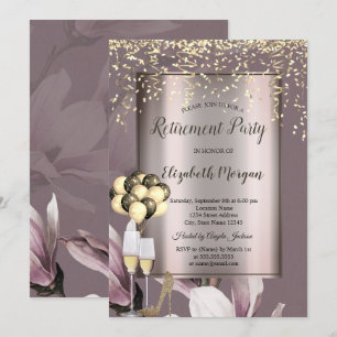 Chic Balloons,Gold Confetti Flowers Retirement  Invitation