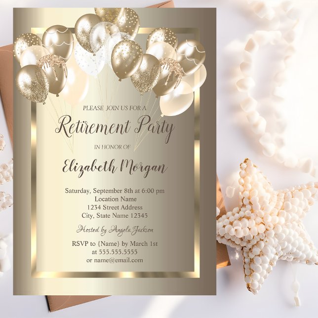 Chic Balloons,Gold Frame,Champagne Retirement  Invitation (Creator Uploaded)