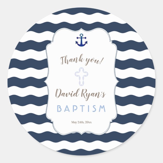 Chic Baptism Nautical Navy Waves Anchor Classic Round Sticker (Front)