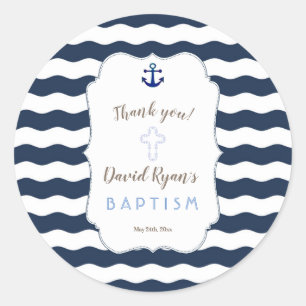 Chic Baptism Nautical Navy Waves Anchor Classic Round Sticker