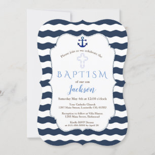Chic Baptism Nautical Navy Waves Anchor Invite