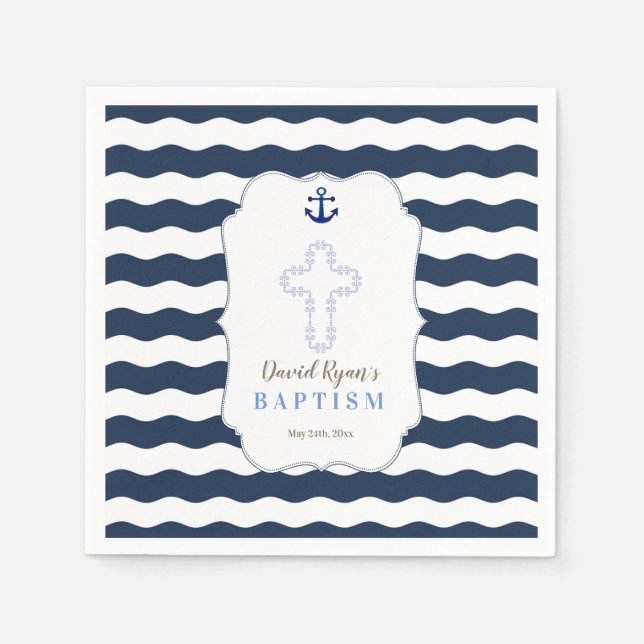 Chic Baptism Nautical Navy Waves Anchor Napkin (Front)