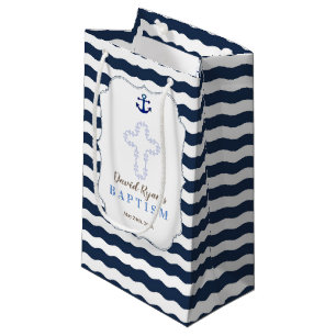 Chic Baptism Nautical Navy Waves Anchor Small Gift Bag