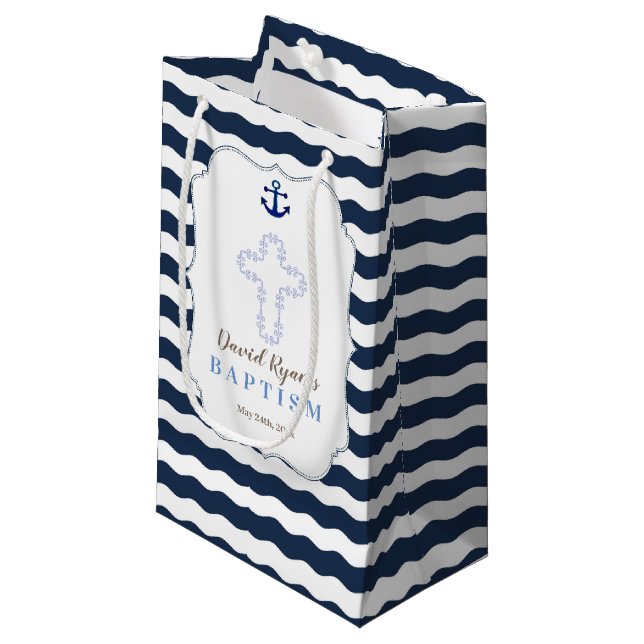 Chic Baptism Nautical Navy Waves Anchor Small Gift Bag (Front Angled)