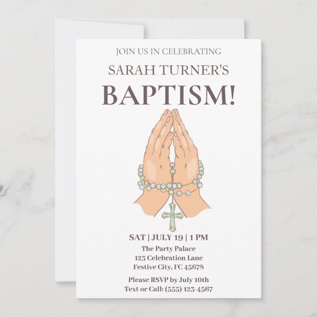 Chic Baptism with Praying Hands Prayer Beads Invitation (Front)
