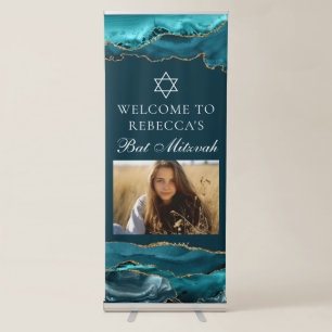 Chic Bat Mitzvah Party Photo Teal Gold Vertical Retractable Banner
