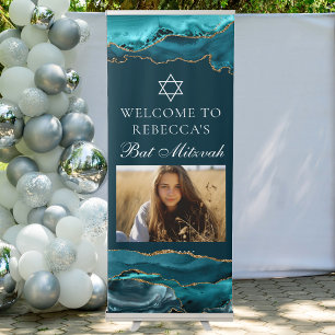 Chic Bat Mitzvah Party Photo Teal Gold Vertical Retractable Banner