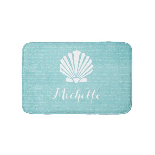 Chic Beach Girly Aqua Scallop Shell With Name Bath Mat (Front)