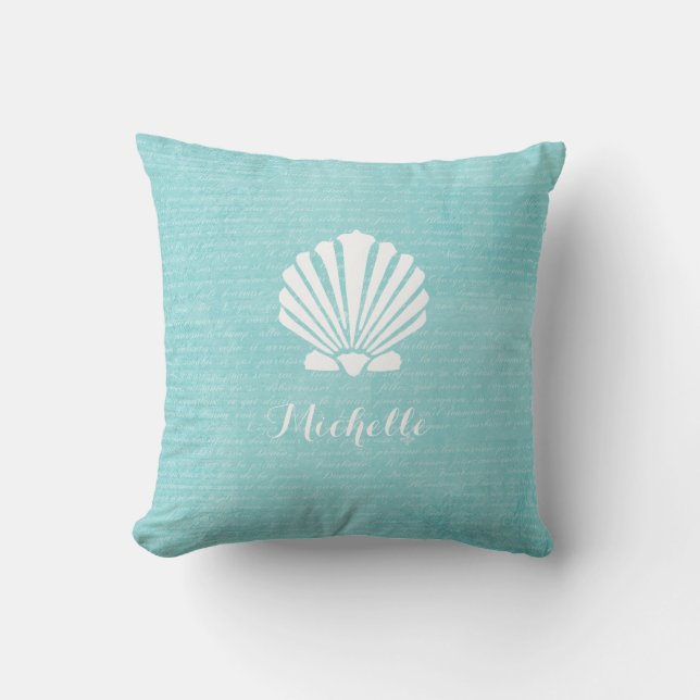 Chic Beach Girly Aqua Scallop Shell With Name Cushion (Front)