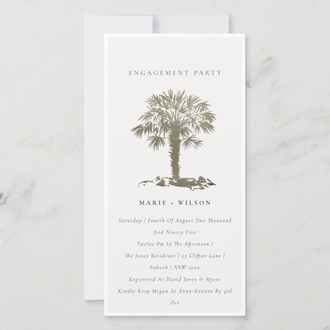 Chic Beach Palm Tree Dark Gold Engagement Invite (Front)