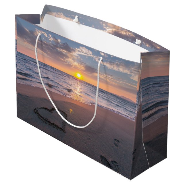 Chic Beach Sunset Heart In Sand Large Gift Bag (Back Angled)