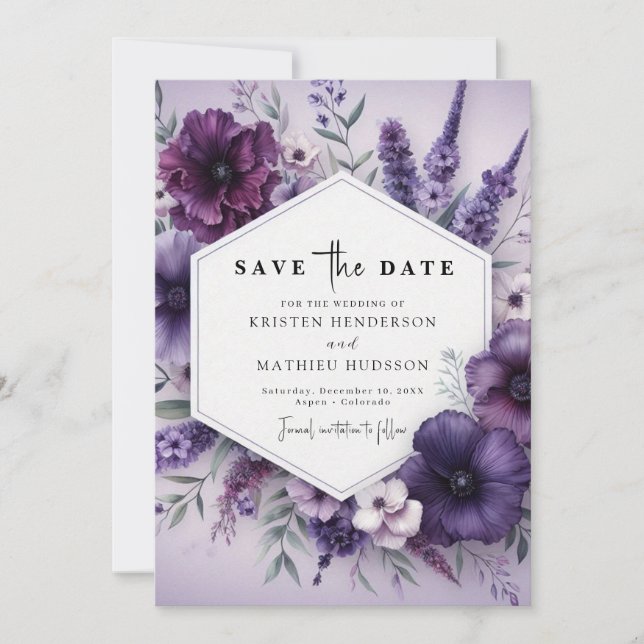 Chic Beautiful Purple Floral Wedding Save The Date (Front)