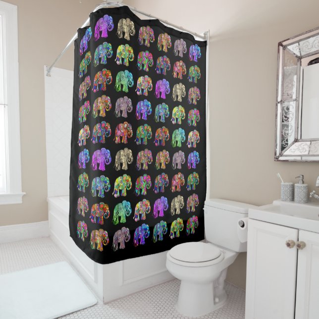 Chic Beautiful Rainbow Colored Elephants on Black Shower Curtain (In Situ)