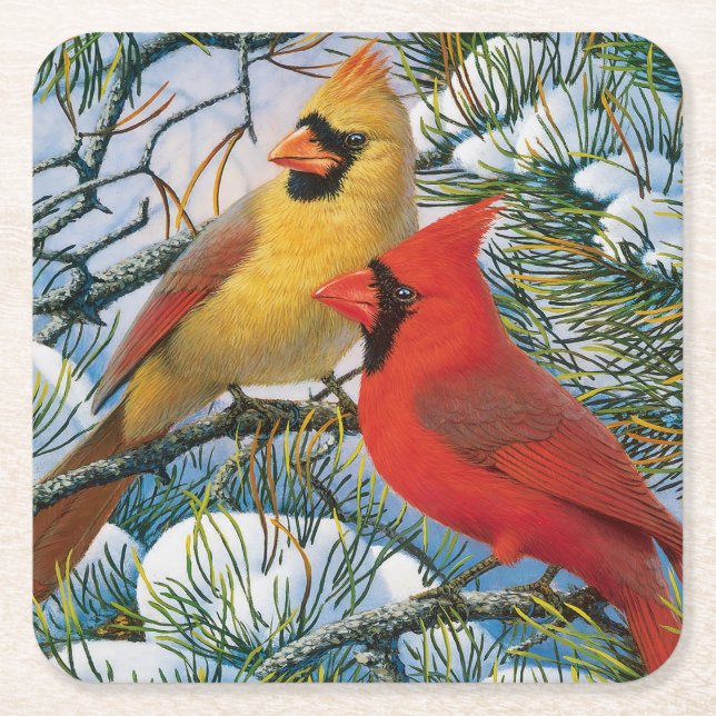 Chic Beautiful Red Cardinals And Snow Christmas Square Paper Coaster (Front)