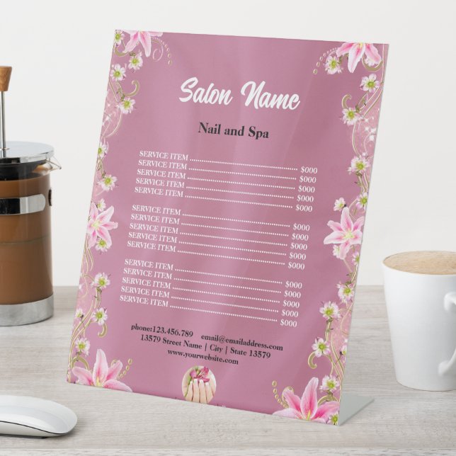 Chic Beauty Nail Salon Price List menu Pedestal Sign (In SItu)
