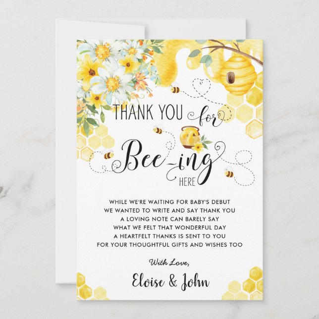 Chic Bees Bee Yellow Ivory Floral Baby Shower   Thank You Card (Front)