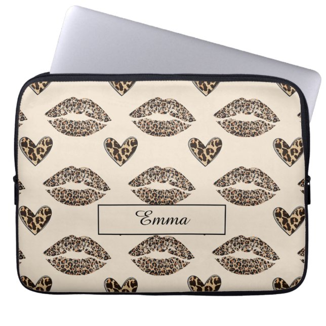 Chic Beige & Black Cheetah Print Laptop Sleeve (Front)