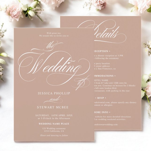 Chic beige caramel all in one calligraphy wedding invitation (Chic beige caramel all in one calligraphy wedding invitation)