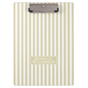 Chic Beige Ecru White Striped: Trendy Personalised Clipboard