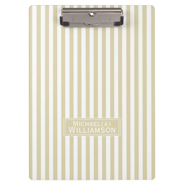 Chic Beige Ecru White Striped: Trendy Personalised Clipboard (Front)