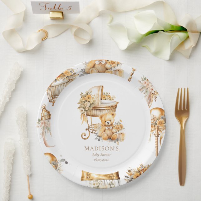 Chic Beige & Gold Bassinet Custom Paper Plate (Wedding)