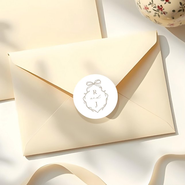 Chic Beige Hand Drawn Bow & Ribbon Monogram Crest Classic Round Sticker (Chic Beige Hand Drawn Bow & Ribbon Monogram Crest Classic Round Sticker)