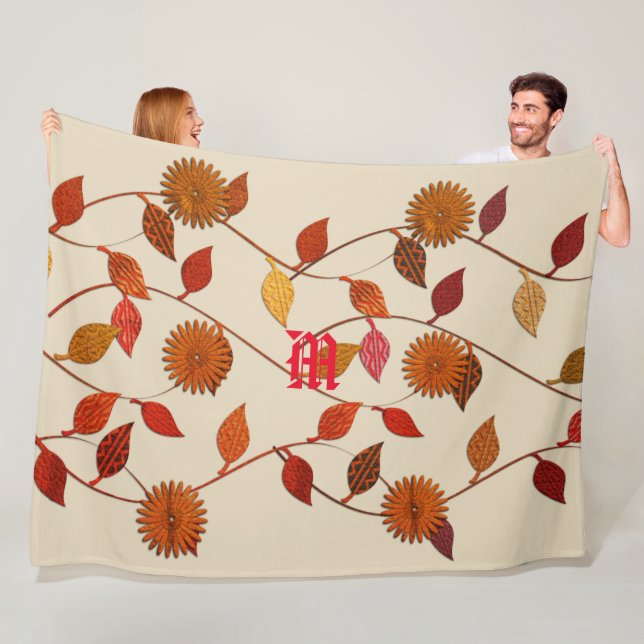 Chic Beige Leaf Flowers Floral Fall Blanket (In Situ)