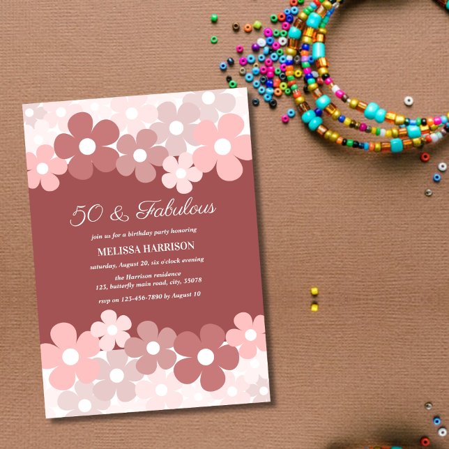 Chic Beige Peach Brown Flower 50 Fabulous Birthday Invitation (Creator Uploaded)