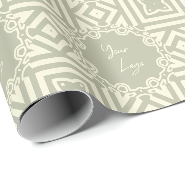 Chic Beige Sage Green Stripe Custom Business Logo  Wrapping Paper (Roll Corner)