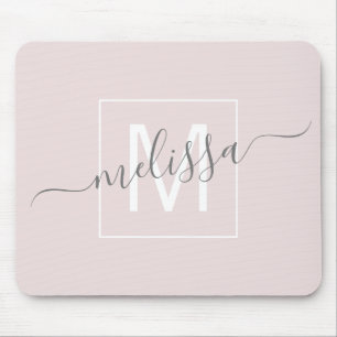 Chic beige script monogram name mouse mat