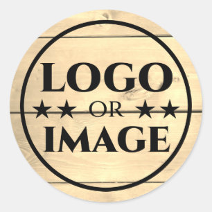Chic Beige Wood Grain Wooden Boards and Logo Image Classic Round Sticker