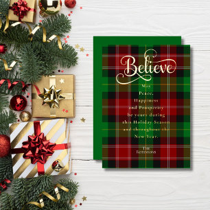 Chic Believe Green & Red Christmas Scottish Tartan Foil Holiday Card