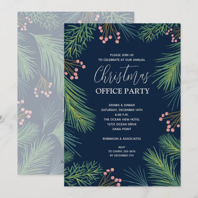 Chic Berries and Pines Christmas Party Invitations (Front/Back)