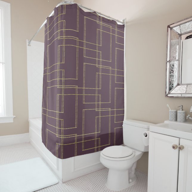 Chic Berry Mauve & Gold Geometric Glam Shower Curtain (In Situ)