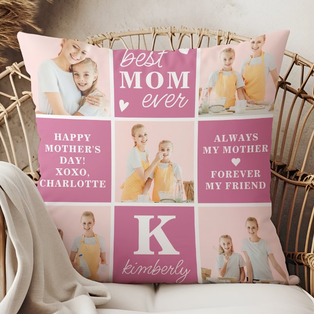 Chic Best MOM Ever Custom Pink 7 Photo Collage Cushion (Creator Uploaded)