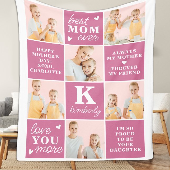 Chic Best MOM Ever Custom Pink 7 Photo Collage Fleece Blanket (Creator Uploaded)