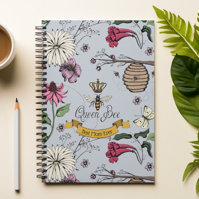 Chic Best Mum Ever Royal Queen Bee Light Blue Notebook (Chic Blue Hand-Drawn Royal Queen Bee Illustration with 3 Custom Texts.
Front: 1 Text
Back: 2 Texts)