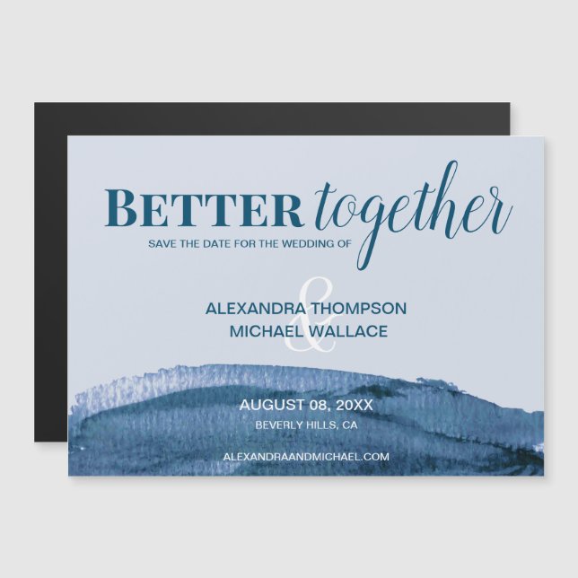 Chic Better together blue watercolor brush stroke Magnetic Invitation (Front/Back)