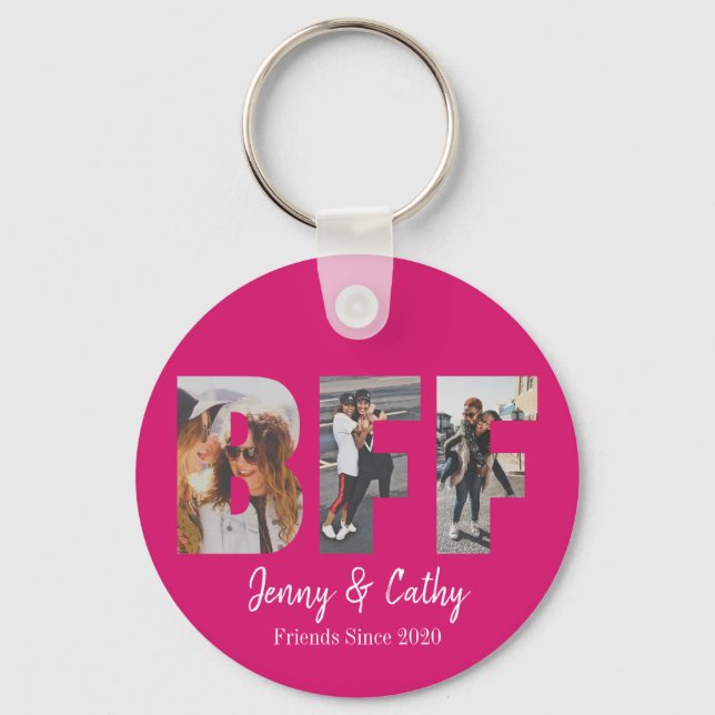 Chic BFF 3 Photo Friendship Besties Magenta Pink Key Ring (Front)