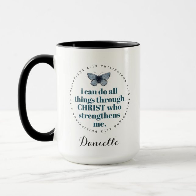 Chic Bible Verse Philippians Blue Butterfly Name Mug (Left)