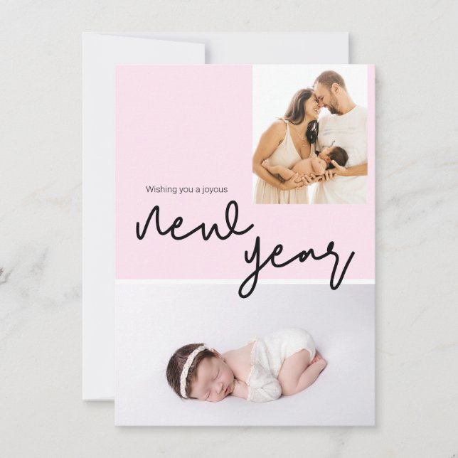 Chic Birth Photo Happy Baby Girl New Year Pink Holiday Card (Front)