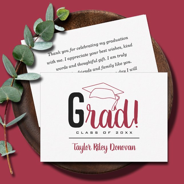 Chic Black and Crimson Red Grad Cap Graduation Card (3.5" x 5" black and crimson red Grad and graduation cap flat note cards, your message on the back)
