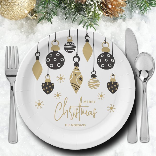 Chic Black and Gold Christmas Ornaments Paper Plate (Chic black and gold Christmas tree ornaments paper plates in 2 sizes)