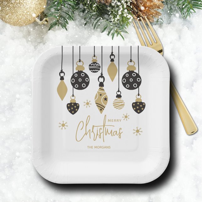 Chic Black and Gold Christmas Ornaments Paper Plate (Chic black and gold Christmas tree ornaments square paper plates)